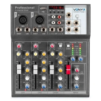 Imagen de Vonyx VMM F401 mixer de música 4 canales USB player AUX IN +48V alimentación Phantom
