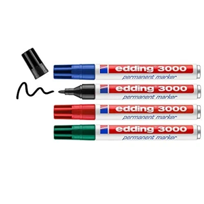 Imagen de edding 3000 marcador permanente negro, rojo, azul, verde 4 rotuladores punta redonda indeleble de secado rápido resistente al agua y a los borrones cartón plástico madera metal universal