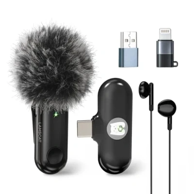 Imagen de LAMSCAT micrófono inalámbrico para iPhone/ios/ipad/Android/USB c/PC, Lavalier profesional grabación, streaming, YouTube, cancelación de ruido, no requiere aplicación (negro 1 a 1)