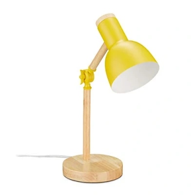 Imagen de Relaxdays Lámpara para Escritorio, Luz Mesita Ajustable Retro, Madera y Metal, Rosca E14, 45,5 x 14,5 cm, Amarillo