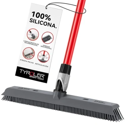 Imagen de Tyroler Escoba y Escurridor 2 en 1 41 cm, 100% Silicona, Mango de Aluminio 4 Piezas, para Pelos Todo Tipo, Interior/Exterior, Funciona Moquetas, Alfombras, Suelos Duros, Patios Más