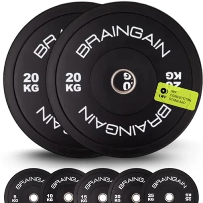 Imagen de BRAINGAIN Par de discos olímpicos negros 20 kg (2 x kg), peso goma sólida 2 pulgadas para entrenamiento fuerza y levantamiento pesas
