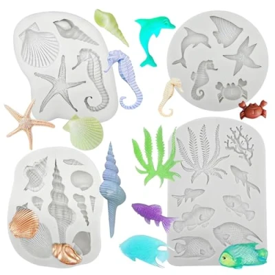 Imagen de 4 PCS Moldes de Marina Animales,3D Animales Silicona,Molde Conchas del Mar,3D Molde Sirena Fondant para Decorar Pasteles,Jabón,Chocolate,Dulces Manualidades Tartas