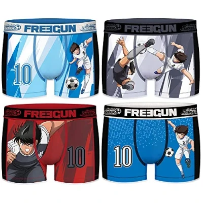 Imagen de FREEGUN PK2215 S Calzoncillo Boxer Captain (Súper Campeones Benji) Modelos Oliver Atom/Tsubasa Ozora &amp; Kojiro Hyuga/Mark Lenders Microfibra 92% poliéster, 8% Elastano, Set 4pcs Pk2215, para Hombre