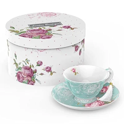 Imagen de London Boutique Juego de Taza té y platillo, 1 la Tarde New Bone China Vintage Flora Caja Regalo 200 m (Turquesa)