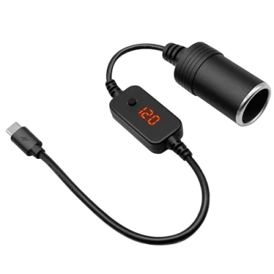 Imagen de USB C Macho a 12V Coche Encendedor Convertidor Cable de Alimentación, Adaptador Tipo Cigarrillos con Pantalla Voltímetro, Voltaje Ajustable 5V/9V/12V