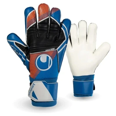 Imagen de uhlsport Soft Pro Guantes de Portero fútbol para niños y Adultos, Transpirables, con fijación muñeca excelente Agarre, Color Azul/Naranja/Blanco, Talla 5 11