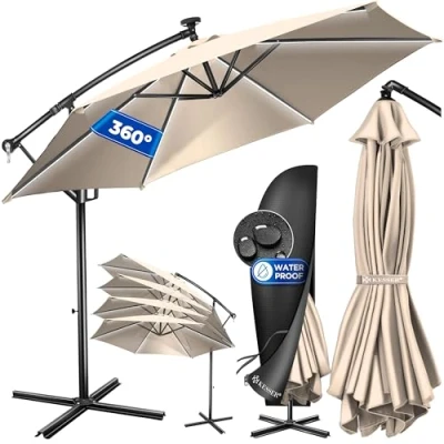 Imagen de KESSER® Sombrilla LED Solar Aluminio 350cm Incluido Funda Control Remoto &amp; Manivela Parasol con Soporte Función 360 Protección UV Repelente Agua para Jardín Terraza Mercado Beige