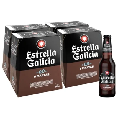Imagen de Estrella Galicia 0,0 6 Maltas Cerveza Lager sin Alcohol, Pack de 4 x Botellas 25 cl, Sabor Intenso y Equilibrado, Aroma a Tostadas, Caramelo Café, 0% Volumen Alcohol