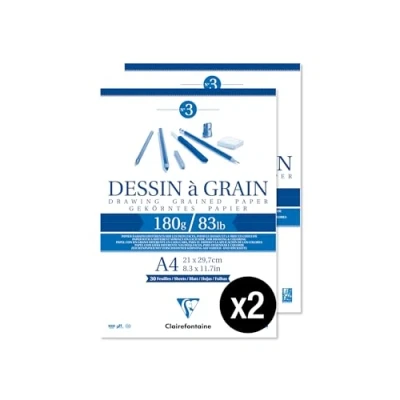 Imagen de Clairefontaine 96624AMZC Lote de 2 bloques pegados papel dibujo grano (30 hojas, con marcado, A4, 21 x 29,7 cm, 180 g, ideal para dibujar y bocetos lápiz, fieltro