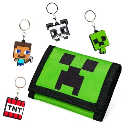 Imagen de Minecraft Cartera para Niños Toda Ocasión En Poliéster con Personaje Green Creeper Monedero Verde Tamaño Bolsillo Resistente Incluye 4 Llaveros
