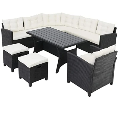 Imagen de CASARIA Comedor de Jardín Poliratán Sofá Esquina 2 Taburetes 1 Sillón Mesa WPC Resistente Intemperie Lounge Asientos con Cojines