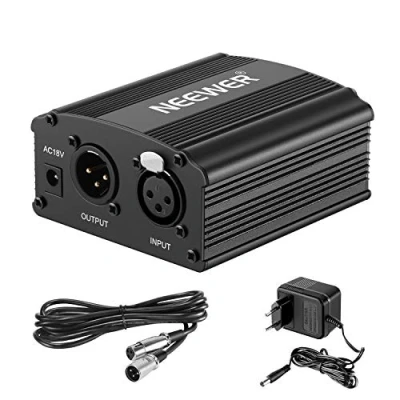 Imagen de Neewer 1 Canal Phantom 48V Alimentación Suplimiento Negro con Adaptador y Cable de Audio XLR para Caulquier Micrófono Condensador Músico Equipo Grabación