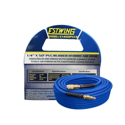 Imagen de Estwing E1450PVCR 50&#039; PVC/Rubber Hybrid Air Hose with Brass NPT Industrial Fitting and Universal Quick Connect Coupler, Blue Yellow, 1/4&quot; x 50’