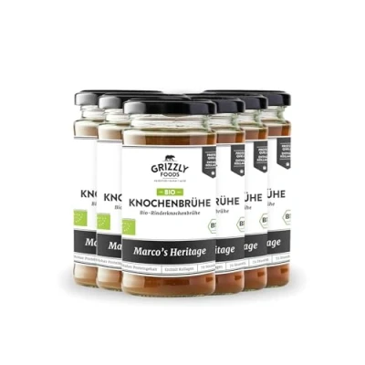 Imagen de Grizzly Foods Caldo de hueso ternera orgánica (6 x 240 ml) 12 g colágeno por vaso Cocido durante 72 horas 100% natural sin azúcar, aditivos nutrientes valiosos