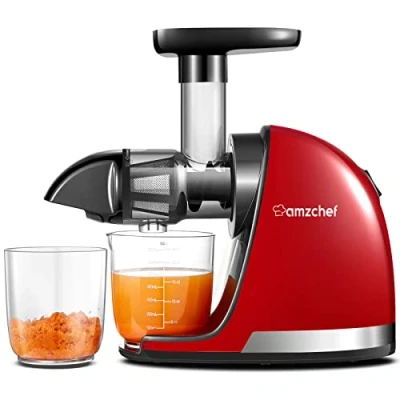 Imagen de AMZCHEF Licuadora prensado en frío Extractor de zumos y verduras Cold press slow juicer machine con función masticación inversa Licuadoras para 2 depósitos cepillo Rojo