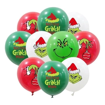 Imagen de 20 globos de Navidad verdes peludos, látex Grinch 12 pulgadas para decoraciones fiesta Navidad, rojos, y blancos Año Nuevo, suministros decoración