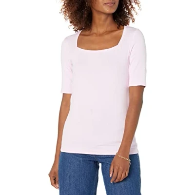 Imagen de Amazon Essentials Camiseta Entallada con Media Manga y Cuello Cuadrado Mujer, Rosa Claro, XL