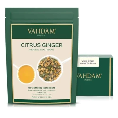 Imagen de VAHDAM, Tisana De Té Hierbas Jengibre Cítrico (50 Tazas, 100 gram) Jengibre, Limoncillo, Cáscara Naranja, Menta Hojas Sueltas Paquete Sellado Al Vacío