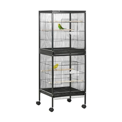 Imagen de PawHut Jaula para Pájaros con Ruedas Grande de 2 Niveles Pajarera Bandejas Extraíbles Puertas Comederos Perchas Canarios Periquitos 51,5x50x140 cm Negro