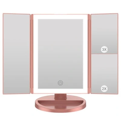 Imagen de WEILY Espejo Maquillaje con Luz, Aumento 1X/2X/3X, LED Plegable 36 y Pantalla Táctil, de Mesa Soporte USB Batería (Oro Rosa)
