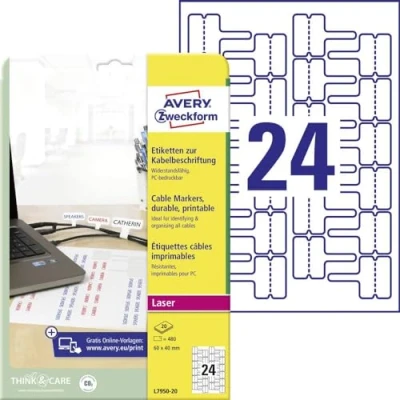 Imagen de Avery Zweckform L7950 20 Etiqueta para cables (60 x 40 mm, 480 unidades), color blanco