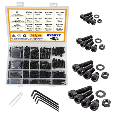 Imagen de HVDHYY 945pcs M2 M3 M4 M5 Juego de Surtido Pernos Negros Arandelas Acero Al Carbono Tuercas Tornillos Cabeza Hueca Hexagonal con Caja Almacenamiento para Bricolaje y Profesional