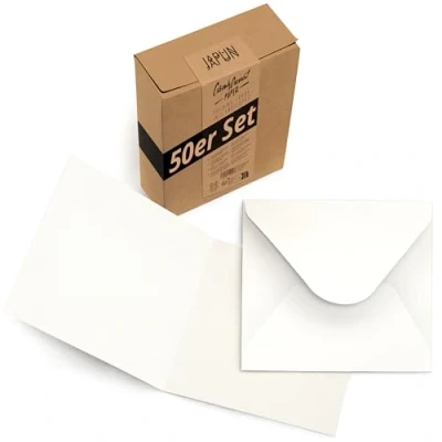 Imagen de Japun juego de 50 tarjetas plegables cuadradas en blanco que incluyen sobres, para diseñar, etiquetar o imprimir