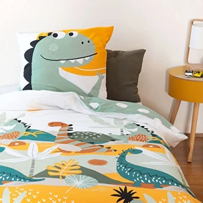 Imagen de Côte Deco Juego de cama infantil reversible dinosaurios prehisto verde, funda nórdica 140 x 200 cm y 1 almohada 63