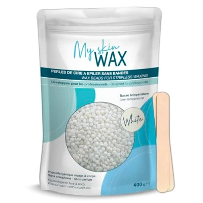 Imagen de My Skin Wax Perlas de Cera Para Depilación Sin Bandas, 400g, Hipoalergénico, Depilatoria Indolora Enrojecimiento, Especial Pieles Sensibles Hombre Mujer, Depilar Facial, Brasileño Blanco