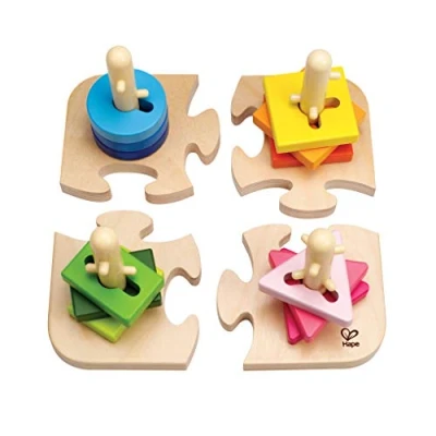 Imagen de Creative Peg Puzzle by Hape , Wooden Stacker Problem Solving for Toddlers, Stacking Toy with Different Grooved Shapes, Pegged Posts and Bright Colours