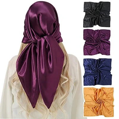 Imagen de KAVINGKALY 4pcs Satén Cuadrado Bufandas de pelo Grande Sensación Sedosa Largo Bufanda y Wraps Pañuelo para la Cabeza las Mujeres