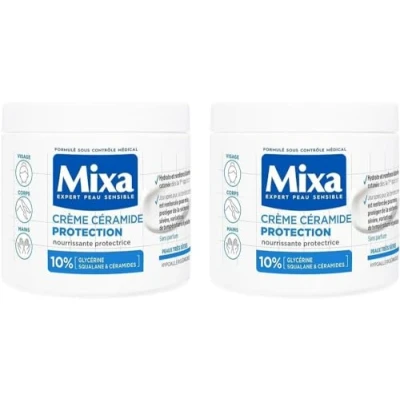Imagen de Mixa Expert Ceramida Crema protectora para pieles sensibles, contra sequedad intensa, piel muy seca y sensible, cara, cuerpo, manos, hipoalergénica, sin perfume, 400 ml, paquete de 2