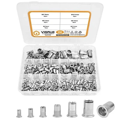 Imagen de VIGRUE Surtido de 250 tuercas remache M3, M4, M5, M6, M8, M10, A2 70, acero inoxidable, herramienta cabeza plana, rosca para remaches