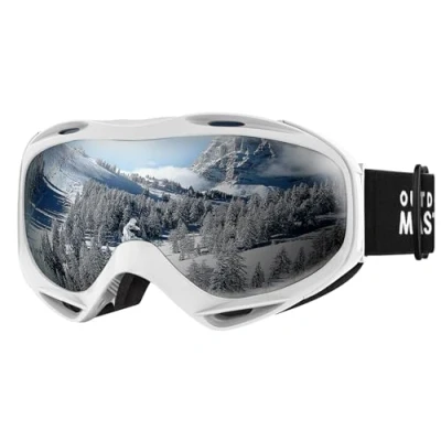 Imagen de OutdoorMaster Gafas de esquí OTG Máscaras esquí/snowboard para hombres, mujeres y jóvenes 100% protección UV (montura blanca + lente plateada VLT 10%)