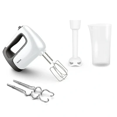 Imagen de Tefal HT4611 Prep&#039;Mix+ Batidora de mano (500 W, botón deslizante con 5 velocidades + turbo, incluye accesorios: 2 batidores/2 ganchos para amasar/batidor/vaso medidor), color blanco y negro