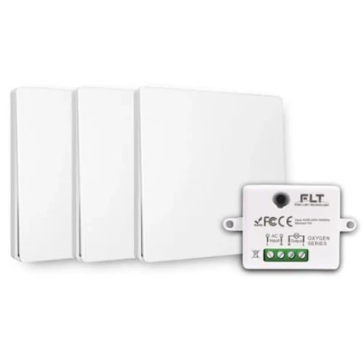 Imagen de Interruptor inalámbrico y sin batería Autoalimentado Ecológico Calidad Profesional RF de 3 mandos + 1 relé radio empotrable Largo Alcance Interior Exterior IP64