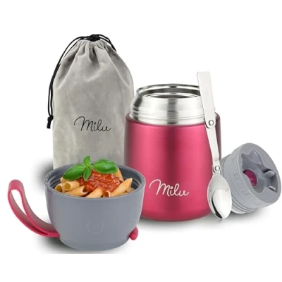 Imagen de Milu Termo para Comida 300ml, 440ml, 450ml, 650ml, 800ml Taza Aislada, Botella de Acero Inoxidable Aislada Alimentos, Beber y sopa los niños adultos A prueba fugas Térmico (650ml/Baya)