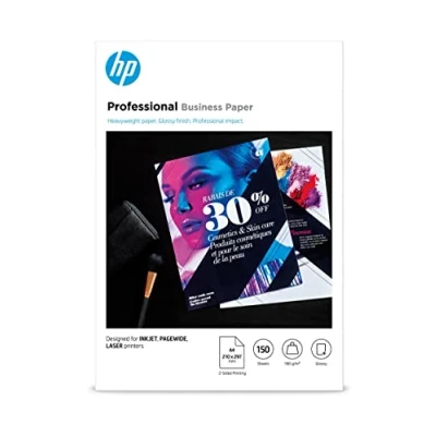 Imagen de HP Professional Business Photo Paper, 3VK91A, 150 hojas de papel fotográfico brillante avanzado, compatible con impresoras láser y inyección tinta, A4, peso del material impresión 180 g/m²