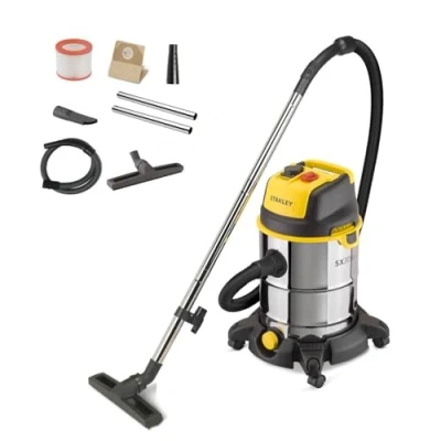 Imagen de Stanley Aspirador multiuso SXVC30XTDE de sólidos Y líquidos, con Rueda, Ligero, Bolsillo, toma para herramientas eléctricas integrada (1600 W, 30 L), Amarillo Negro