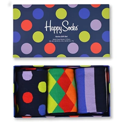 Imagen de Happy Socks Pack de 3 calcetines divertidos estampados en caja regalo algodón para hombre y mujer, 41 46