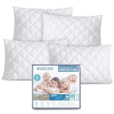 Imagen de ACRALI HOME Paquete de 4 protectores almohada blancos 50 x 75 cm, fundas acolchadas con cremallera para una protección firme, hipoalergénicas, suaves y transpirables lujo un