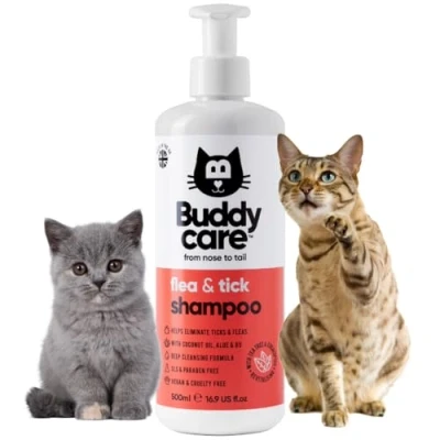 Imagen de Buddycare Champú para Gatos contra pulgas y garrapatas Elimina pulgas, ácaros de Limpieza Profunda Perros, árbol té eucalipto Perros 500ml