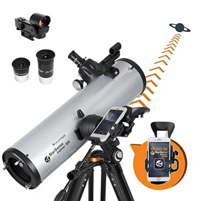 Imagen de Celestron 22461 StarSense Explore DX 130 Telescopio Reflector newtoniano con tecnología Compatible Aplicaciones para smartphones, Incluye 2 oculares, Base teléfono y trípode Ajustable, Negro