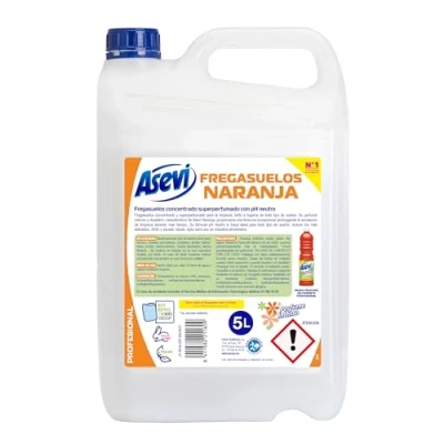 Imagen de Asevi Fregasuelos Perfumado Naranja Friegasuelos Concentrado Aroma Cítrico Limpieza, Brillo e Higiene Limpiasuelos pH Neutro Todo Tipo de Suelos, Incluso Superficies Delicadas Envase 5 Litros