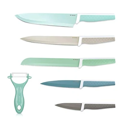 Imagen de Navaris Set de 6x cuchillos mondador incluido 5x acero inoxidable y 1x cuchillo pelador verduras cerámica en diversos colores