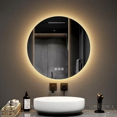 Imagen de EMKE Espejo de baño Redondo 60 cm diámetro, con antivaho+Interruptor táctil, retroiluminación LED, LED 3 Colores luz Variable
