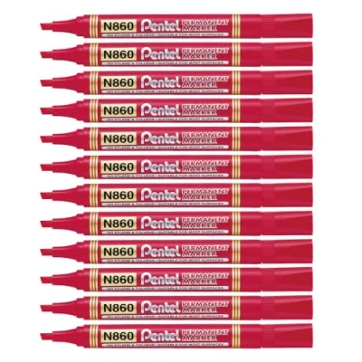 Imagen de Pentel Marcador permanente punta biselada apto para casi todas las superficies. Color rojo Pack de 12
