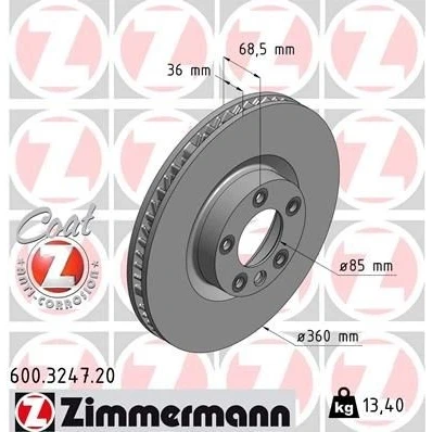 Imagen de ZIMMERMANN COAT Z 600.3247.20 Disco de freno 360 36 6/5 5 130 ventilación interna revestido altamente carbonizado PORSCHE: Cayenne