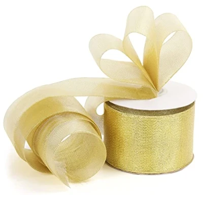 Imagen de BELLE VOUS Cinta Navideña Organza Dorada Metálica con Alambre Rollo de 23 m Largo, 55 mm Ancho Regalo Navidad, Manualidades, para el Árbol Decorar Fiestas, Envolver Regalos